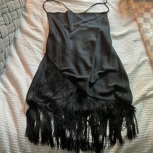 Spaghetti strap, cow neck, fringe black satin dress